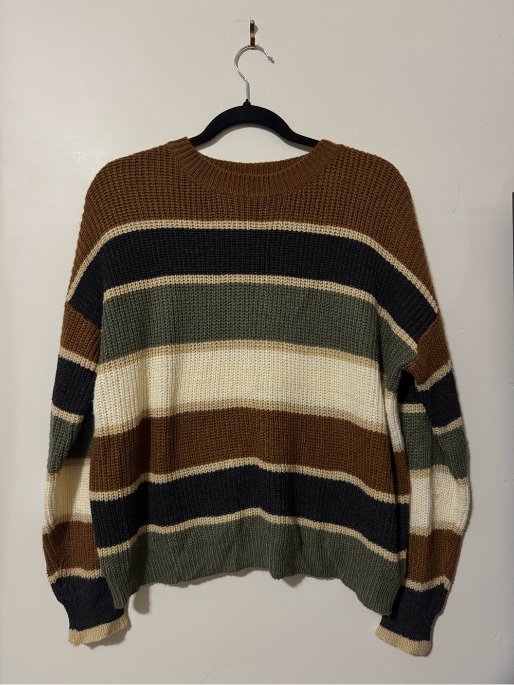 Striped Lightweight Crewneck Sweater in Brown, Olive & Cream